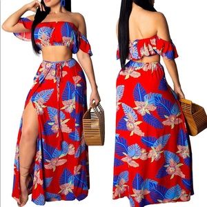 *SOLD* 2 piece outfit summer floral beach crop and side slit skirt size MEDIUM